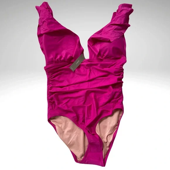 NWT J. Crew Flamingo Pink Ruffle Plunge Lined Ruched Side Padded Cup Swimsuit - Picture 9 of 15